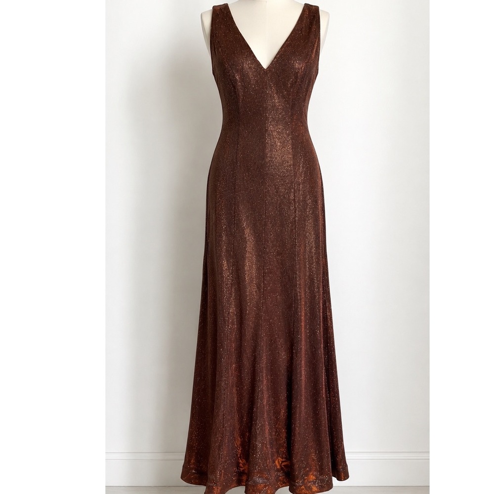Candalite Womens Metallic Bronze Brown V Neck Sleeveless Long Maxi Gown Dress